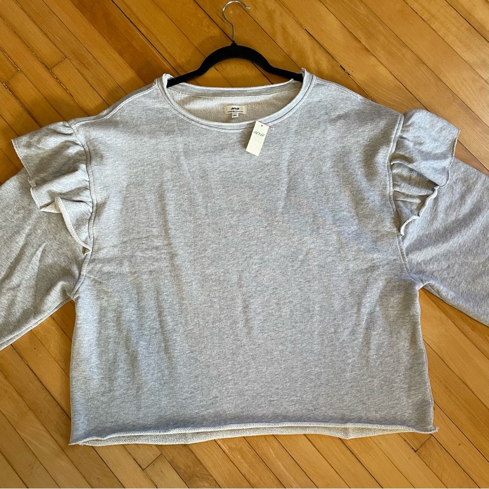 AERIE NWT 2025 Ruffle Sleeve Sweatshirt Raw Edge Neck and Hem Boxy Fit - Picture 3 of 12